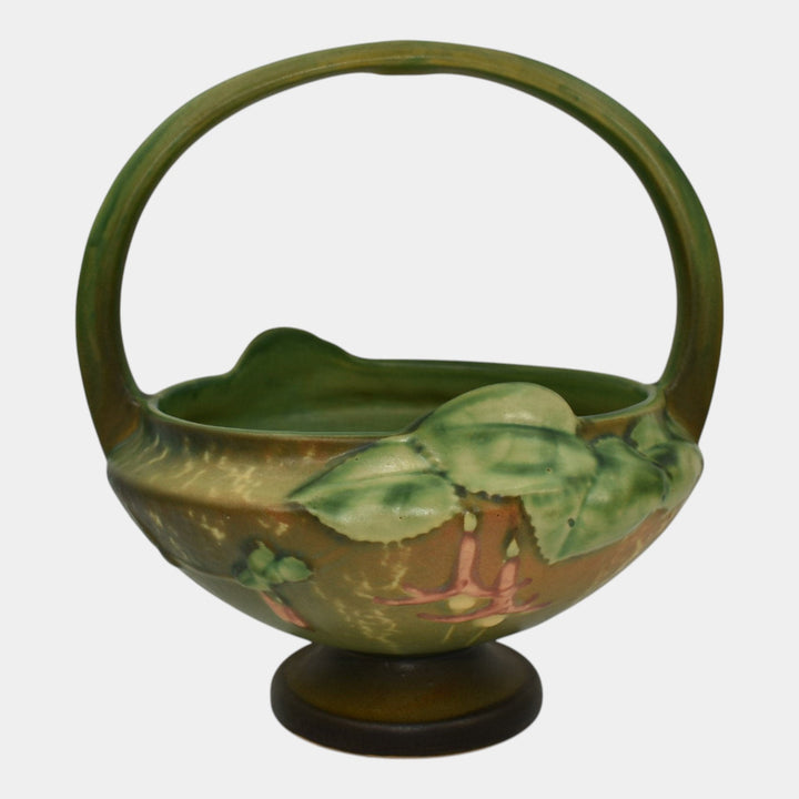 Roseville Fuchsia Green 1938 Vintage Pottery Ceramic Basket Flower Frog 350-8 - Just Art Pottery