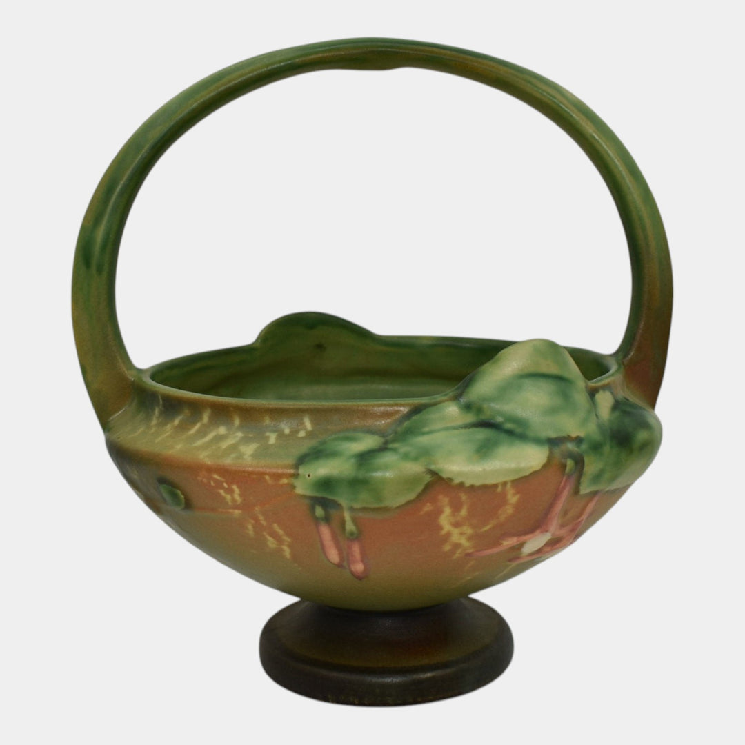 Roseville Fuchsia Green 1938 Vintage Pottery Ceramic Basket Flower Frog 350-8 - Just Art Pottery