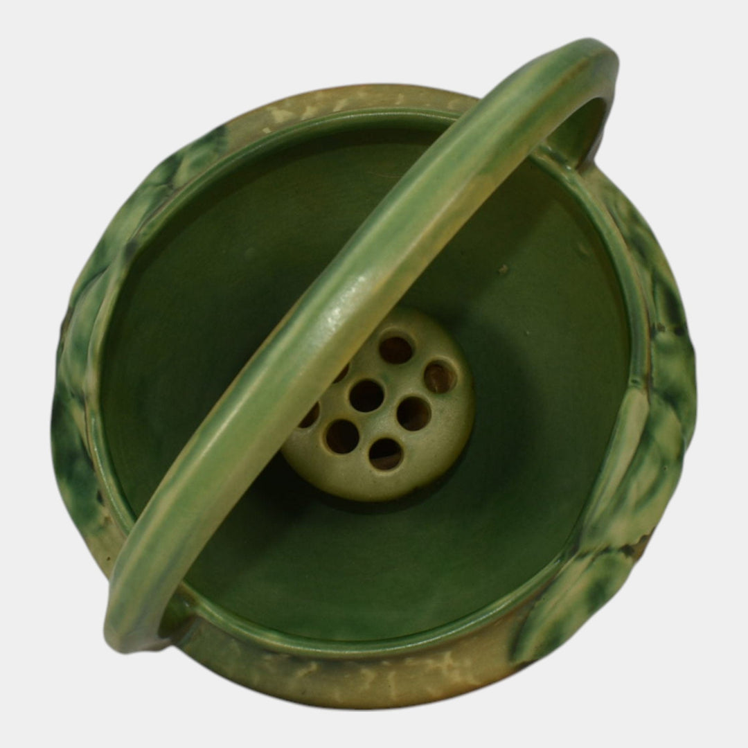 Roseville Fuchsia Green 1938 Vintage Pottery Ceramic Basket Flower Frog 350-8 - Just Art Pottery