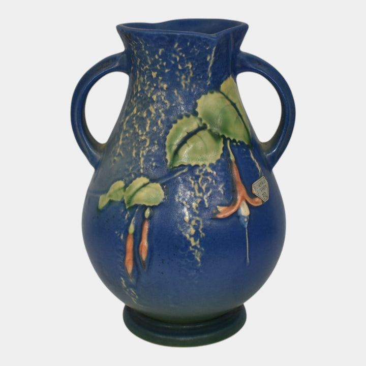 Roseville Fuchsia Blue 1938 Vintage Art Pottery Handled Ceramic Vase 895-7