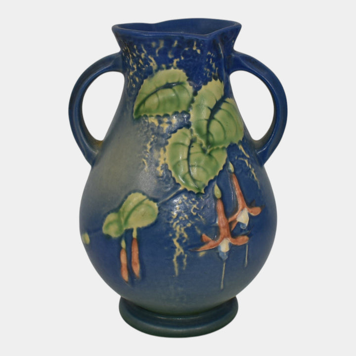 Roseville Fuchsia Blue 1938 Vintage Art Pottery Handled Ceramic Vase 895-7
