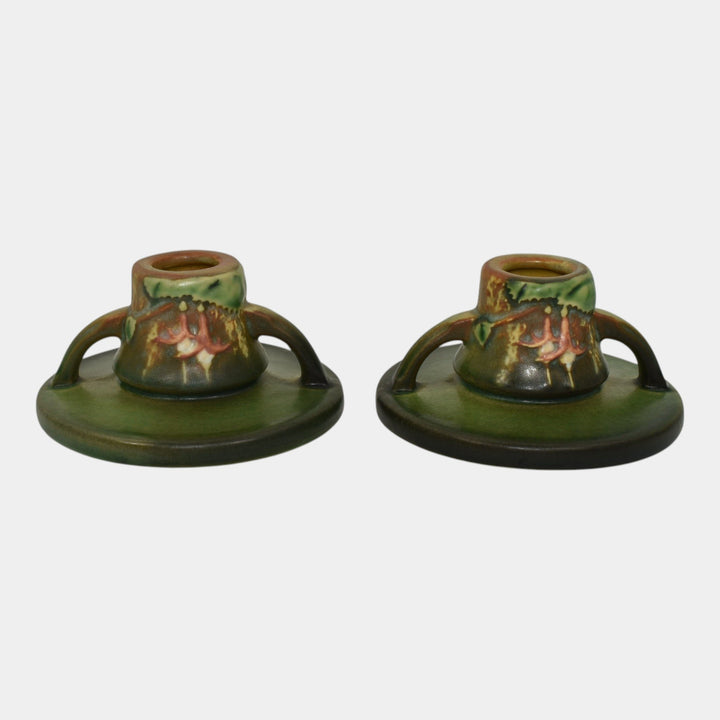 Roseville Fuchsia Green 1938 Vintage Art Pottery Ceramic Candle Holders 1132 - Just Art Pottery