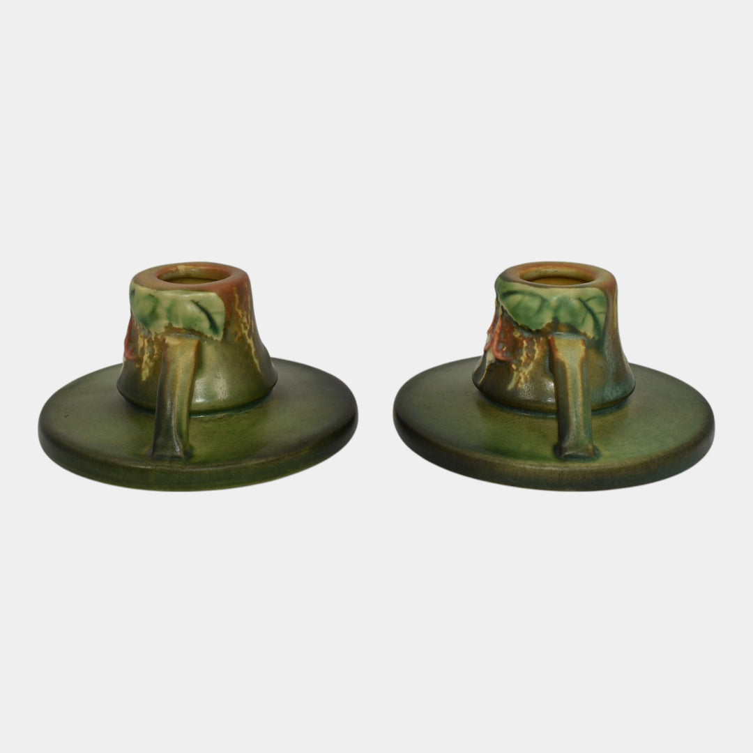 Roseville Fuchsia Green 1938 Vintage Art Pottery Ceramic Candle Holders 1132 - Just Art Pottery