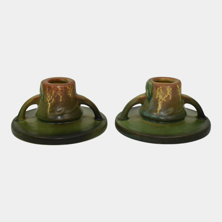 Roseville Fuchsia Green 1938 Vintage Art Pottery Ceramic Candle Holders 1132 - Just Art Pottery