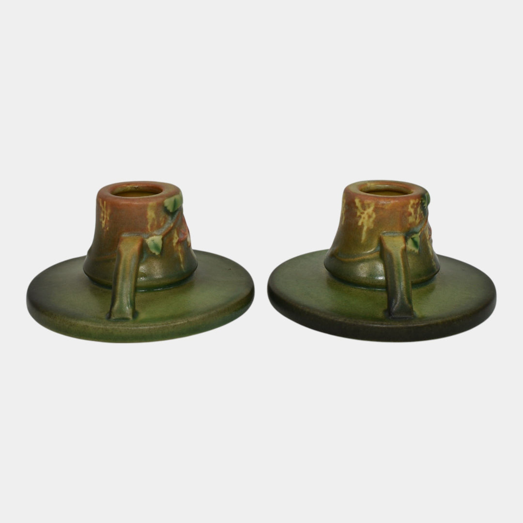 Roseville Fuchsia Green 1938 Vintage Art Pottery Ceramic Candle Holders 1132 - Just Art Pottery