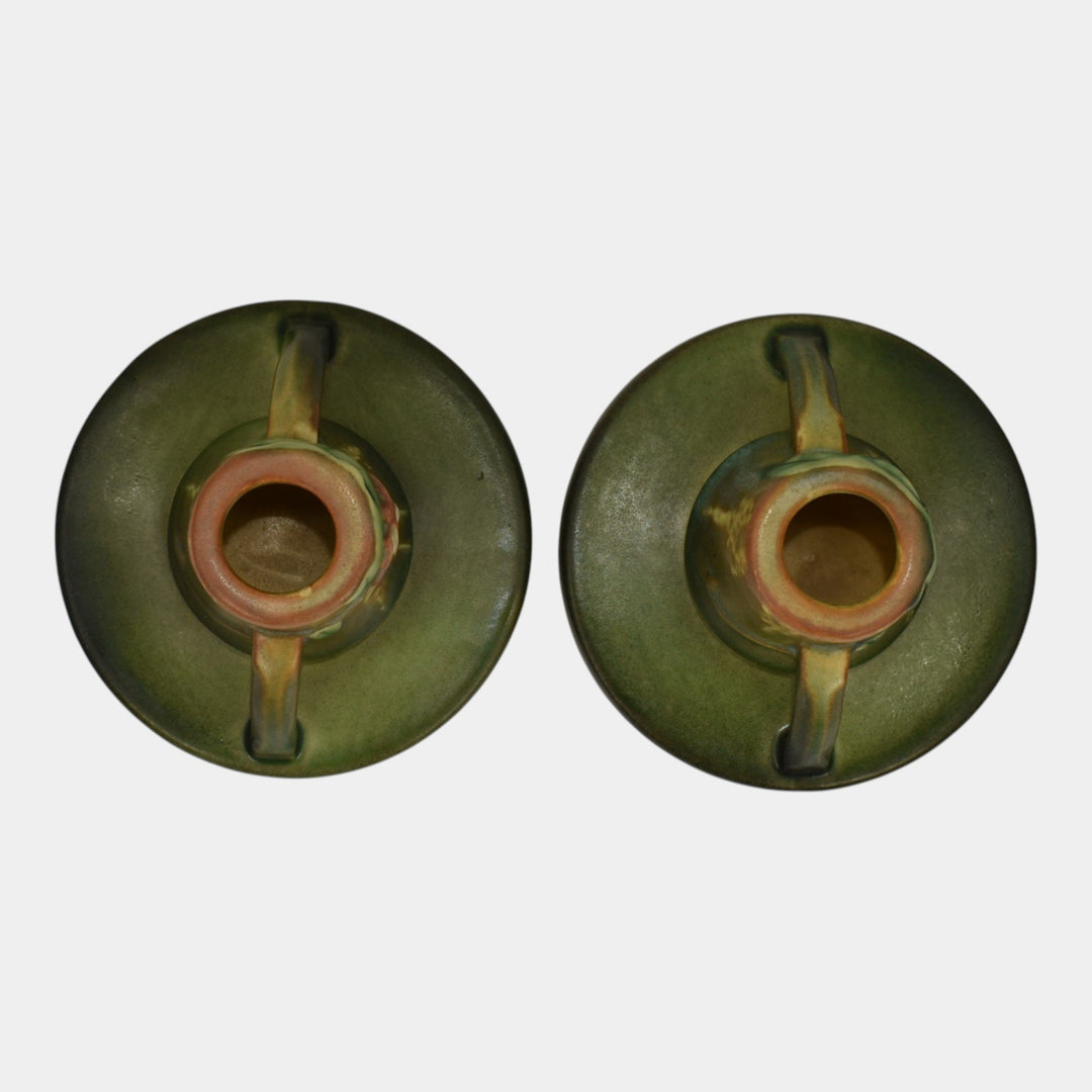 Roseville Fuchsia Green 1938 Vintage Art Pottery Ceramic Candle Holders 1132 - Just Art Pottery