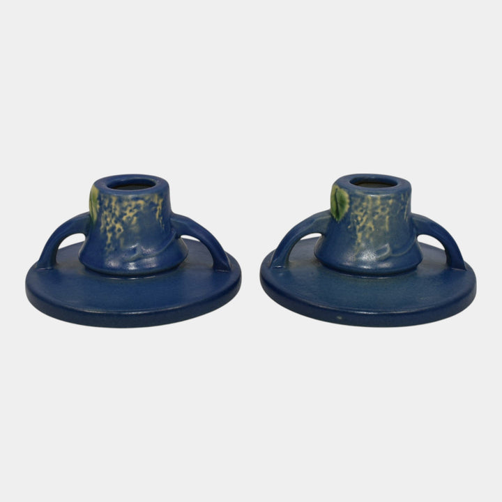 Roseville Fuchsia Blue 1938 Vintage Art Pottery Ceramic Candle Holders 1132