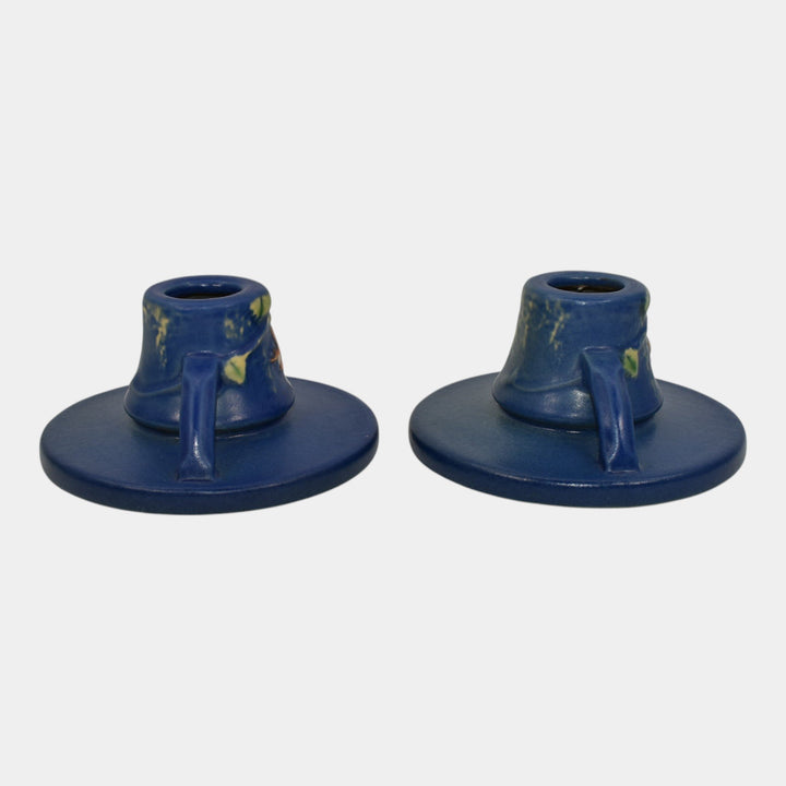 Roseville Fuchsia Blue 1938 Vintage Art Pottery Ceramic Candle Holders 1132