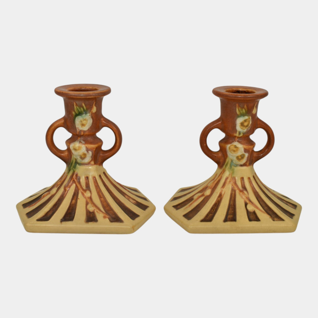 Roseville Cherry Blossom Brown 1933 Vintage Art Pottery Candle Holders 1090-4 - Just Art Pottery