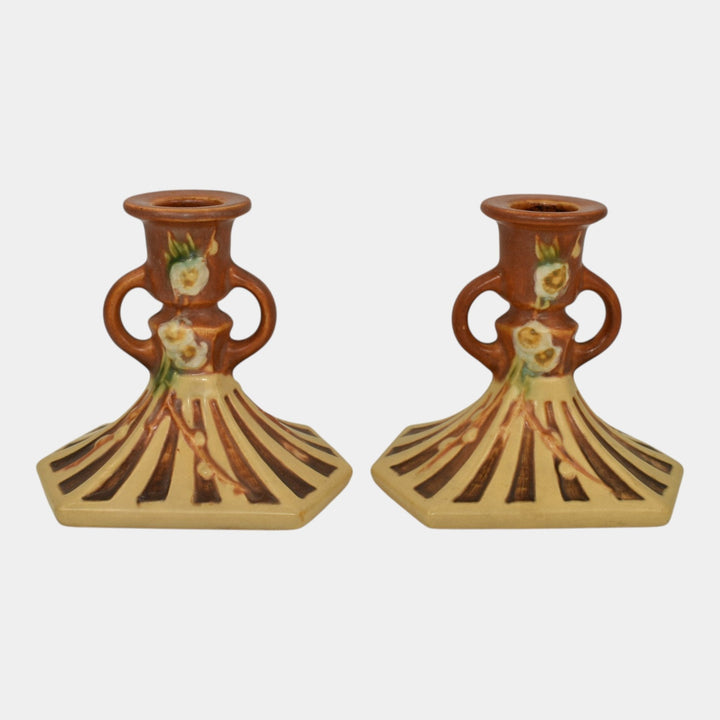 Roseville Cherry Blossom Brown 1933 Vintage Art Pottery Candle Holders 1090-4 - Just Art Pottery