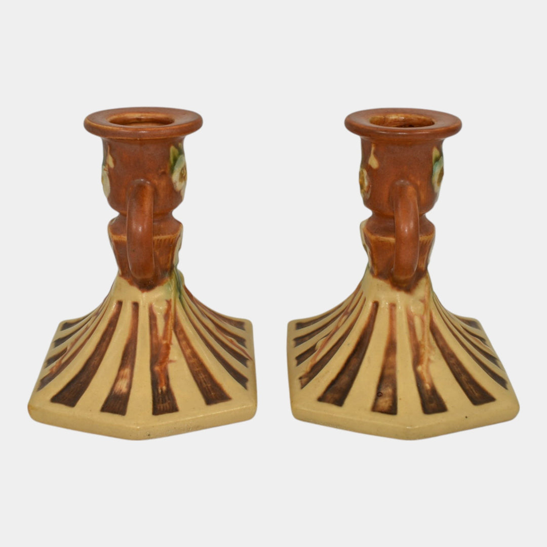 Roseville Cherry Blossom Brown 1933 Vintage Art Pottery Candle Holders 1090-4 - Just Art Pottery