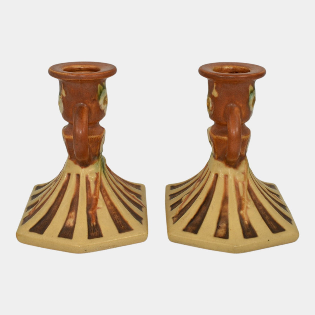 Roseville Cherry Blossom Brown 1933 Vintage Art Pottery Candle Holders 1090-4 - Just Art Pottery