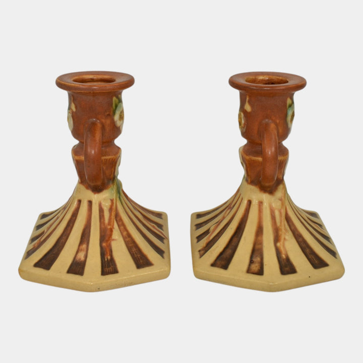 Roseville Cherry Blossom Brown 1933 Vintage Art Pottery Candle Holders 1090-4 - Just Art Pottery