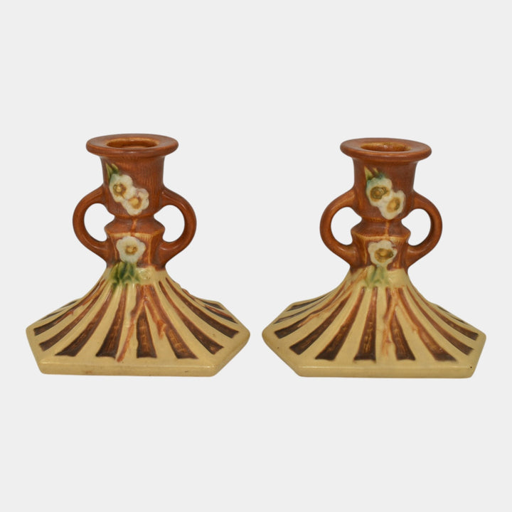 Roseville Cherry Blossom Brown 1933 Vintage Art Pottery Candle Holders 1090-4 - Just Art Pottery