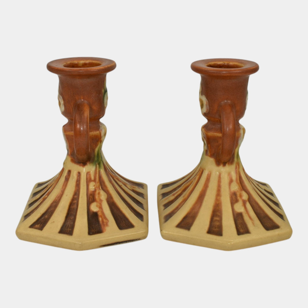 Roseville Cherry Blossom Brown 1933 Vintage Art Pottery Candle Holders 1090-4 - Just Art Pottery