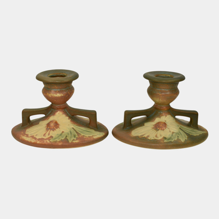 Roseville Dahlrose 1928 Vintage Arts And Crafts Pottery Candle Holders 1069-3 - Just Art Pottery