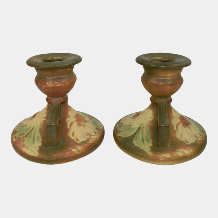 Roseville Dahlrose 1928 Vintage Arts And Crafts Pottery Candle Holders 1069-3 - Just Art Pottery