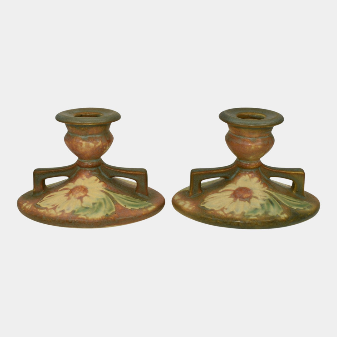 Roseville Dahlrose 1928 Vintage Arts And Crafts Pottery Candle Holders 1069-3 - Just Art Pottery
