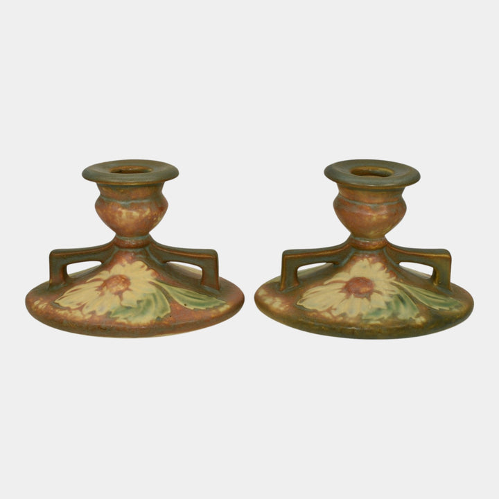 Roseville Dahlrose 1928 Vintage Arts And Crafts Pottery Candle Holders 1069-3 - Just Art Pottery