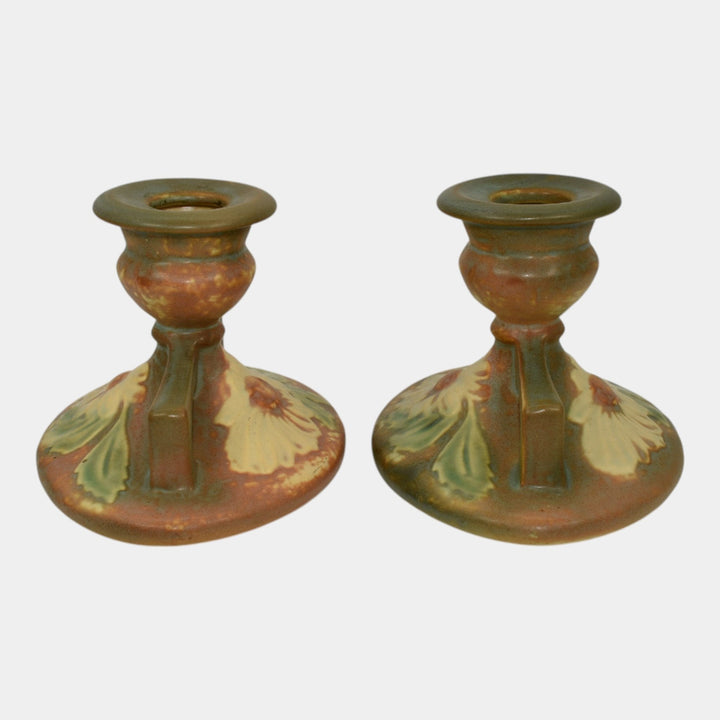 Roseville Dahlrose 1928 Vintage Arts And Crafts Pottery Candle Holders 1069-3 - Just Art Pottery