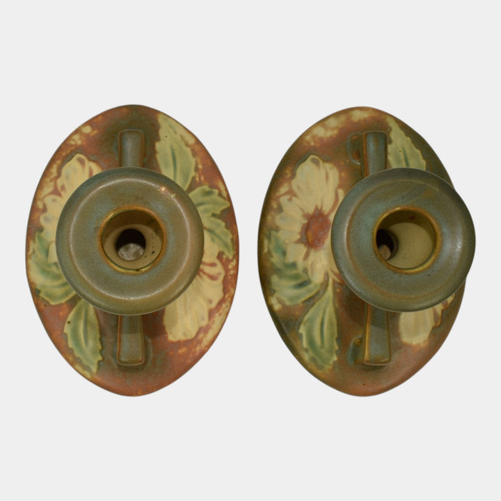 Roseville Dahlrose 1928 Vintage Arts And Crafts Pottery Candle Holders 1069-3 - Just Art Pottery