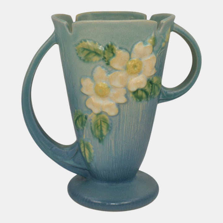 Roseville White Rose Blue 1940 Mid Century Modern Art Pottery Ceramic Vase 982-7 - Just Art Pottery