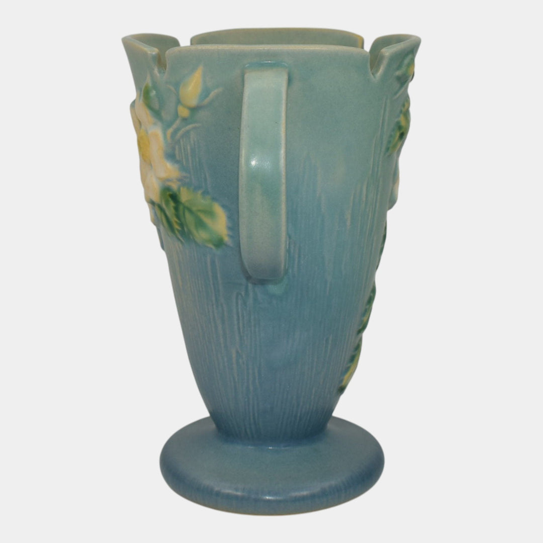 Roseville White Rose Blue 1940 Mid Century Modern Art Pottery Ceramic Vase 982-7 - Just Art Pottery