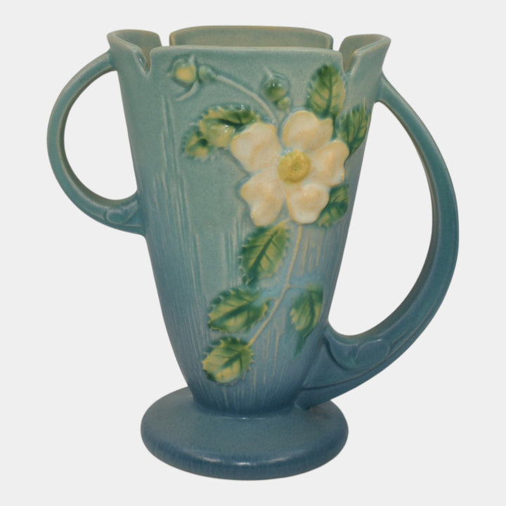 Roseville White Rose Blue 1940 Mid Century Modern Art Pottery Ceramic Vase 982-7 - Just Art Pottery