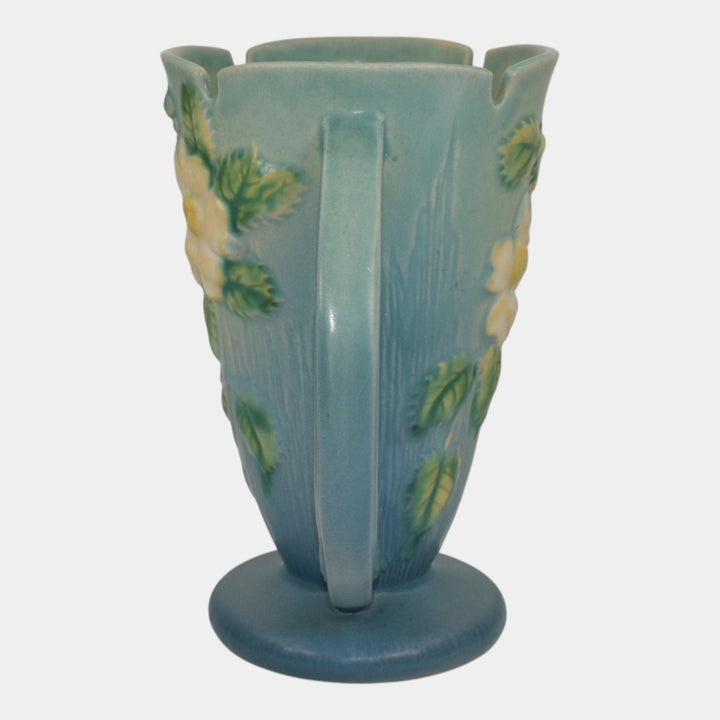 Roseville White Rose Blue 1940 Mid Century Modern Art Pottery Ceramic Vase 982-7 - Just Art Pottery