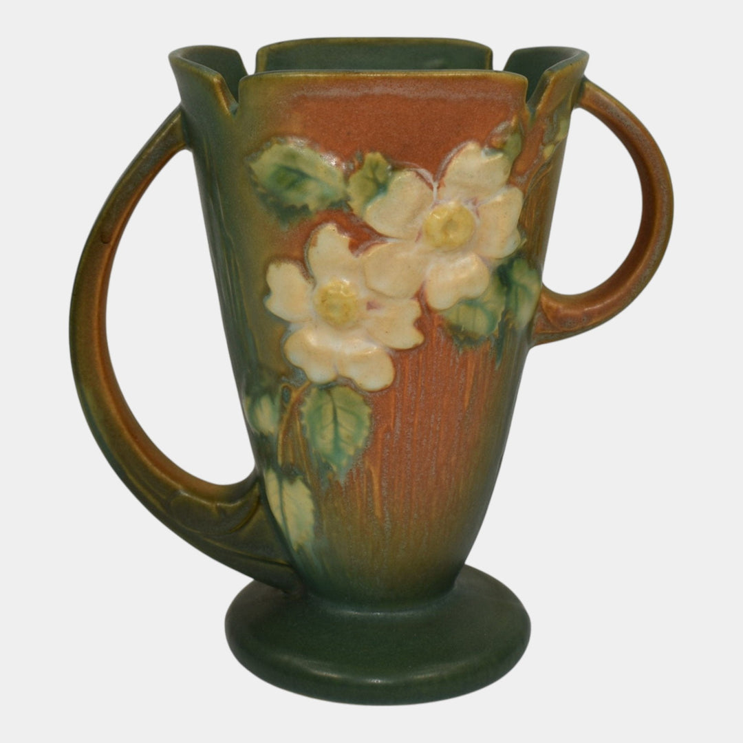 Roseville White Rose Brown 1940 Mid Century Modern Pottery Ceramic Vase 982-7 - Just Art Pottery