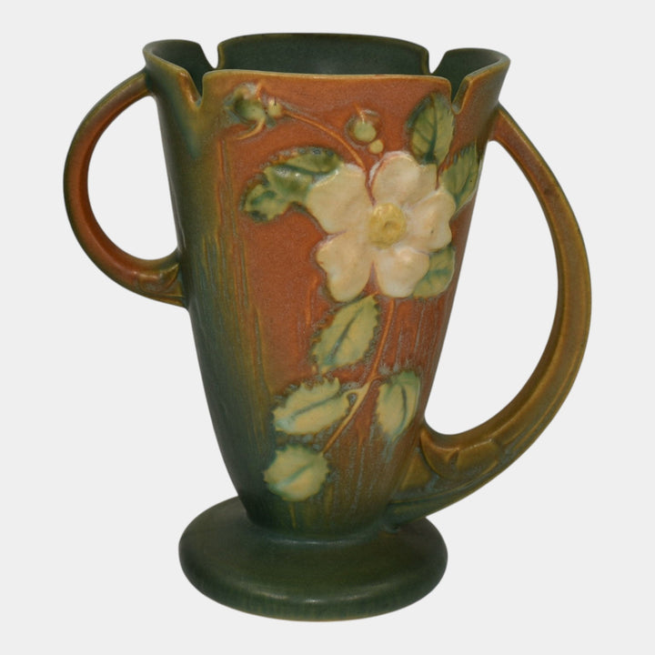 Roseville White Rose Brown 1940 Mid Century Modern Pottery Ceramic Vase 982-7 - Just Art Pottery
