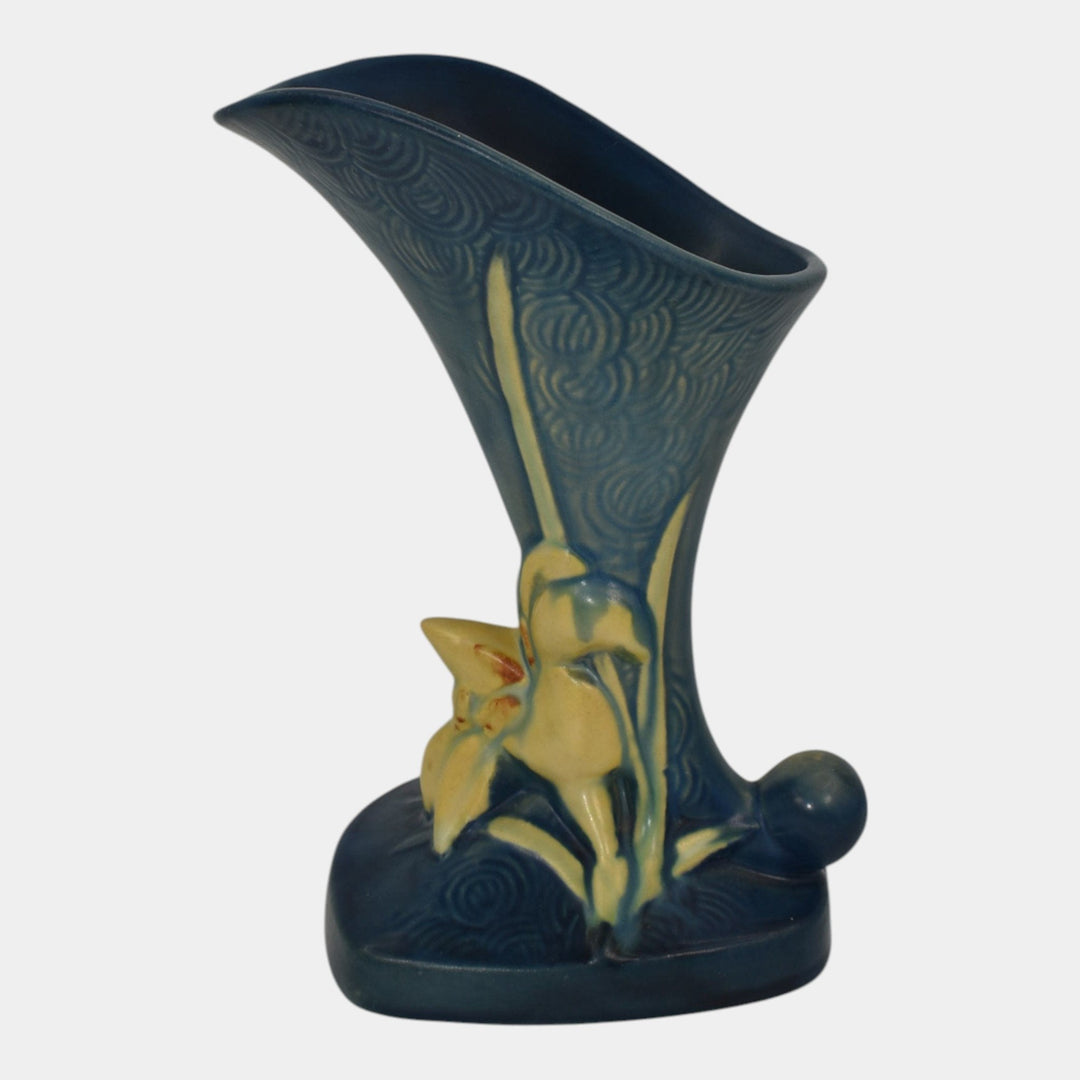 Roseville Zephyr Lily Blue 1946 Mid Century Modern Pottery Cornucopia Vase 204-8 - Just Art Pottery