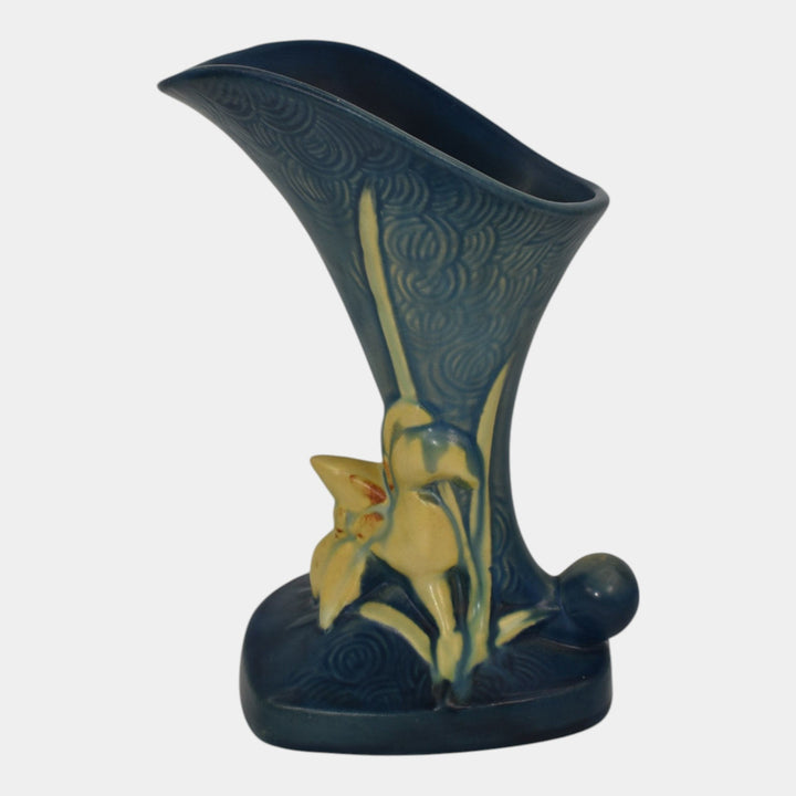 Roseville Zephyr Lily Blue 1946 Mid Century Modern Pottery Cornucopia Vase 204-8 - Just Art Pottery