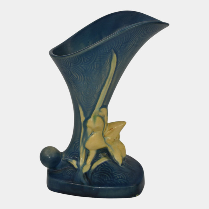 Roseville Zephyr Lily Blue 1946 Mid Century Modern Pottery Cornucopia Vase 204-8 - Just Art Pottery