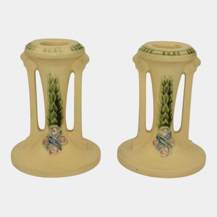 Roseville La Rose 1924 Vintage Art Pottery Ivory Ceramic Candle Holders 1051-4 - Just Art Pottery