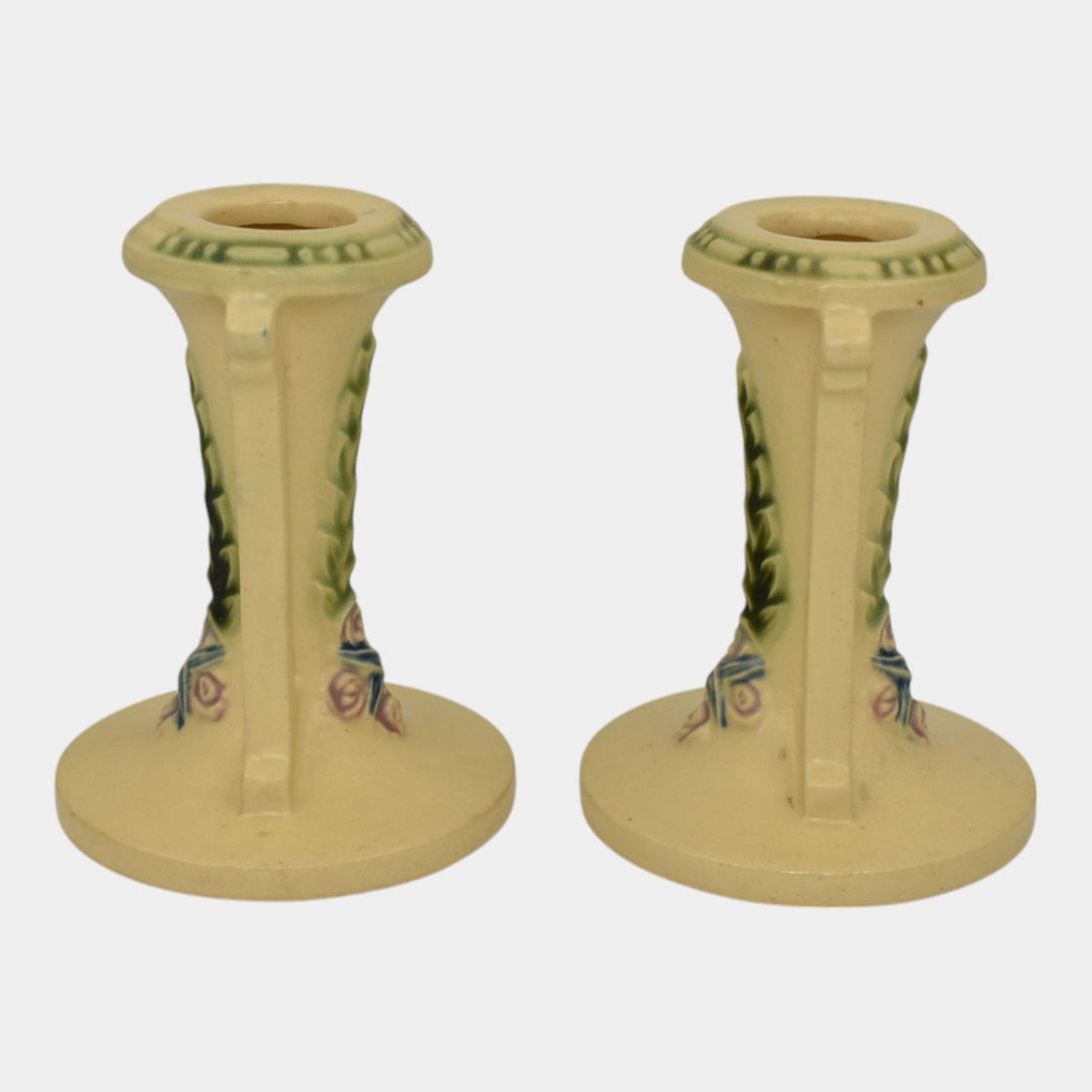 Roseville La Rose 1924 Vintage Art Pottery Ivory Ceramic Candle Holders 1051-4 - Just Art Pottery