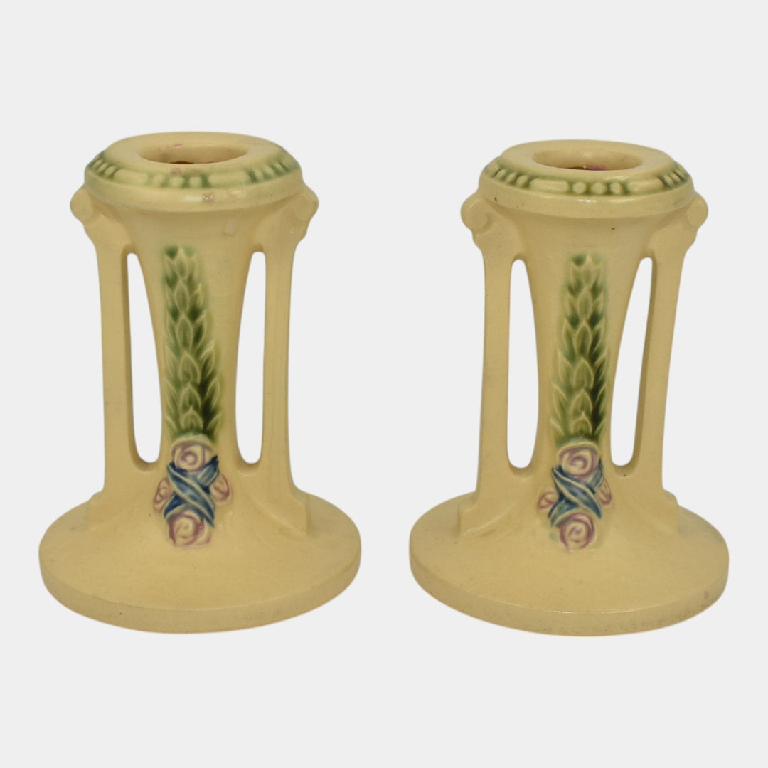 Roseville La Rose 1924 Vintage Art Pottery Ivory Ceramic Candle Holders 1051-4 - Just Art Pottery