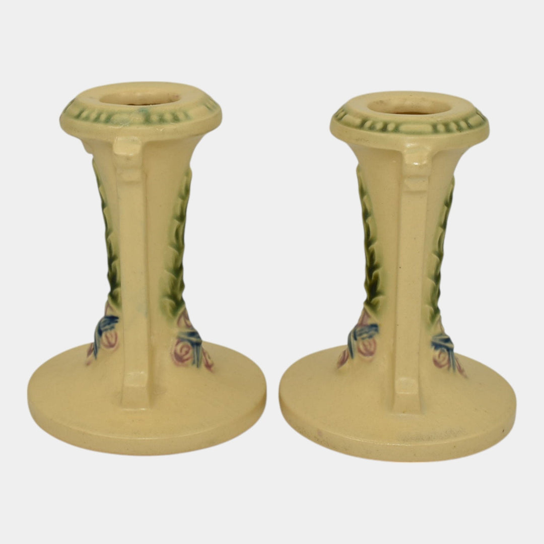 Roseville La Rose 1924 Vintage Art Pottery Ivory Ceramic Candle Holders 1051-4 - Just Art Pottery