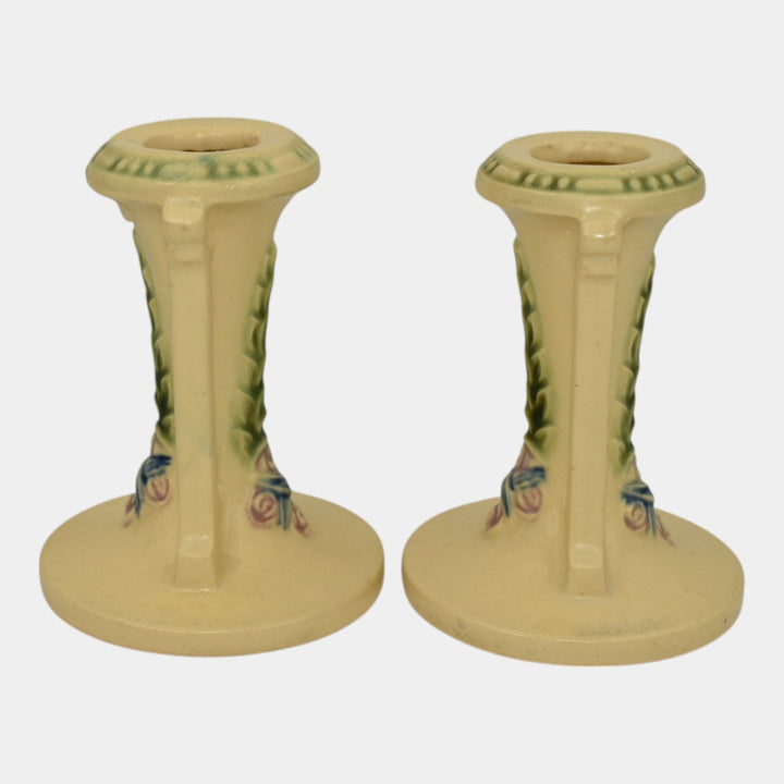 Roseville La Rose 1924 Vintage Art Pottery Ivory Ceramic Candle Holders 1051-4 - Just Art Pottery