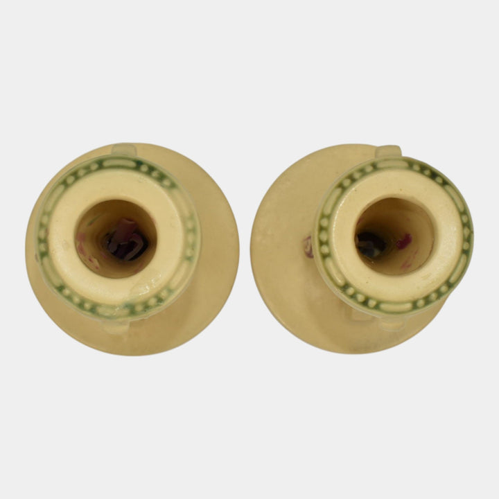 Roseville La Rose 1924 Vintage Art Pottery Ivory Ceramic Candle Holders 1051-4 - Just Art Pottery