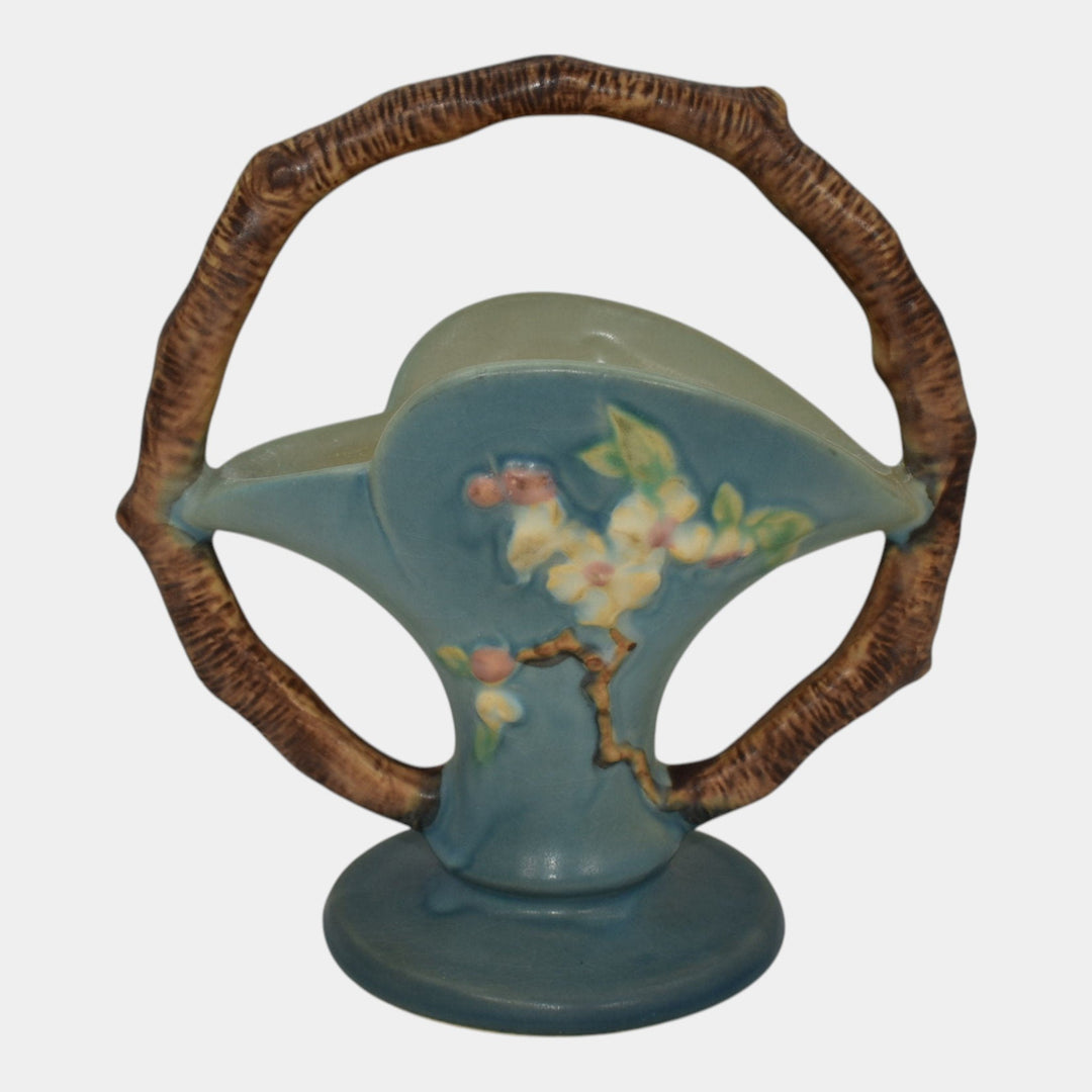 Roseville Apple Blossom Blue 1949 Vintage Art Pottery Ceramic Basket 309-8 - Just Art Pottery