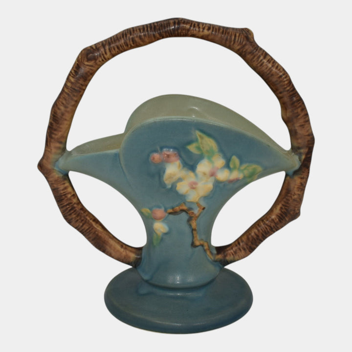 Roseville Apple Blossom Blue 1949 Vintage Art Pottery Ceramic Basket 309-8 - Just Art Pottery