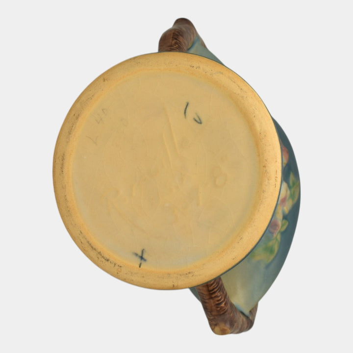 Roseville Apple Blossom Blue 1949 Vintage Art Pottery Ceramic Basket 309-8 - Just Art Pottery