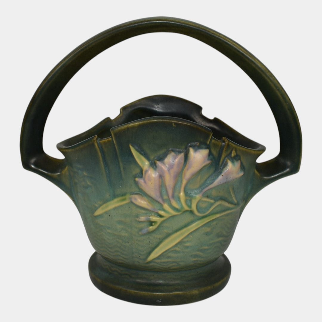 Roseville Freesia Green 1945 Vintage Art Pottery Ceramic Basket 391-8 - Just Art Pottery