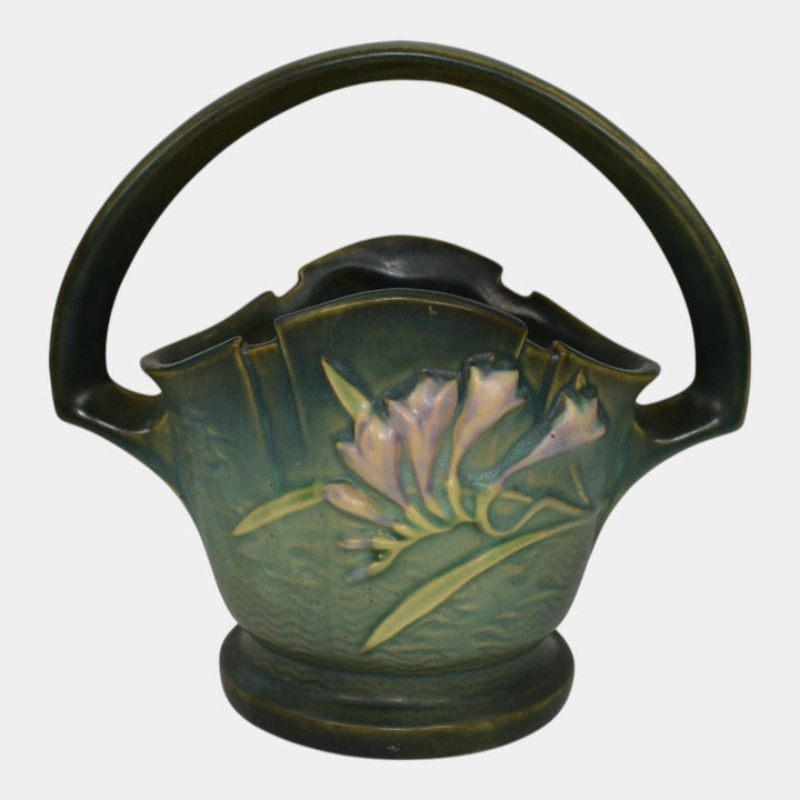 Roseville Freesia Green 1945 Vintage Art Pottery Ceramic Basket 391-8 - Just Art Pottery