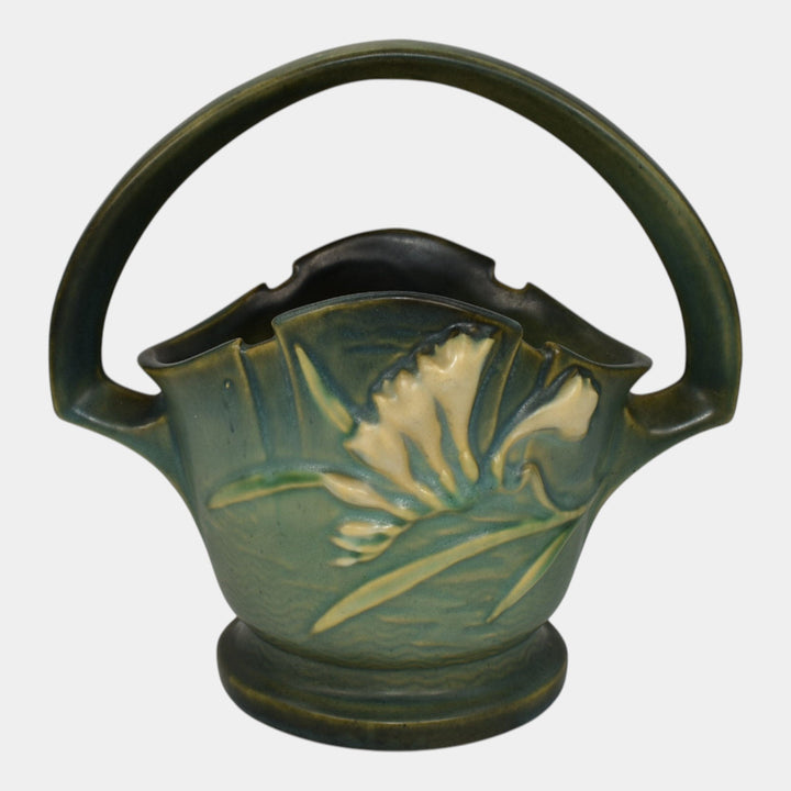 Roseville Freesia Green 1945 Vintage Art Pottery Ceramic Basket 391-8 - Just Art Pottery