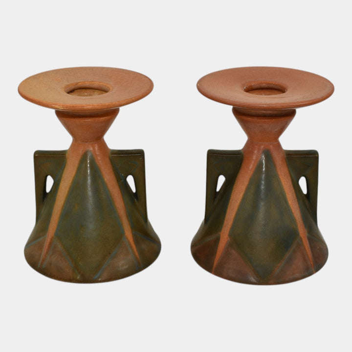 Roseville Futura Tan 1928 Vintage Art Pottery Aztec Ladies Candle Holders 1072-4 - Just Art Pottery