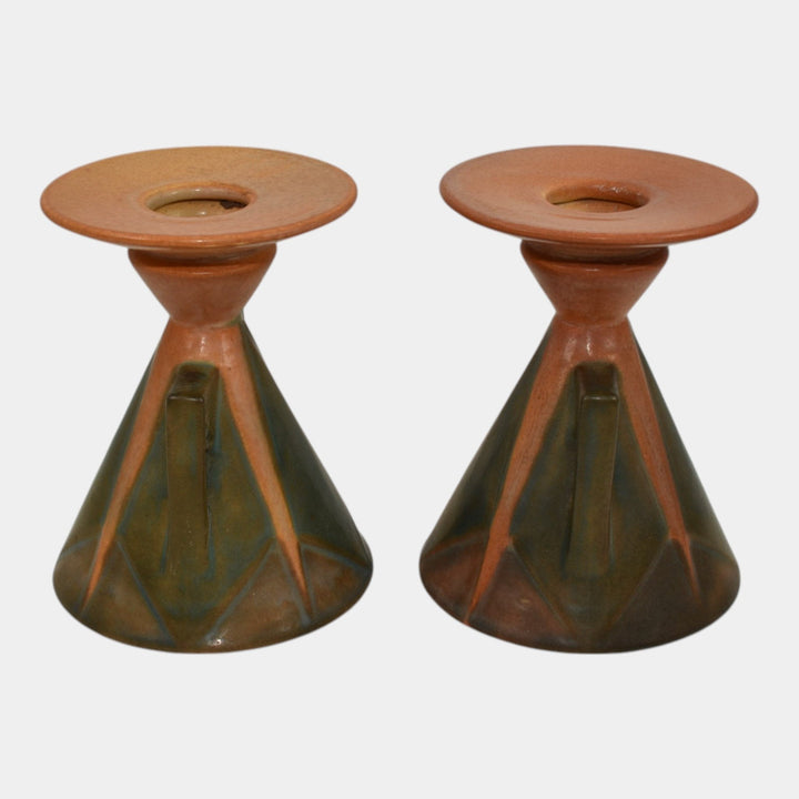 Roseville Futura Tan 1928 Vintage Art Pottery Aztec Ladies Candle Holders 1072-4 - Just Art Pottery