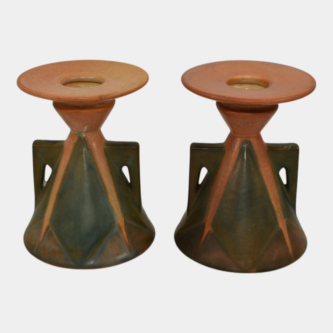 Roseville Futura Tan 1928 Vintage Art Pottery Aztec Ladies Candle Holders 1072-4 - Just Art Pottery