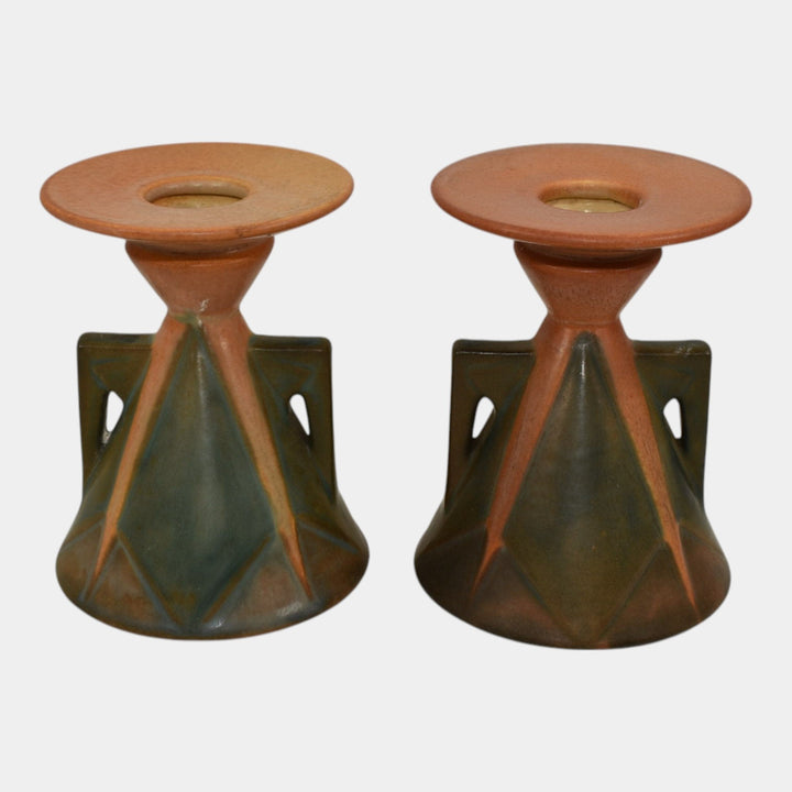 Roseville Futura Tan 1928 Vintage Art Pottery Aztec Ladies Candle Holders 1072-4 - Just Art Pottery
